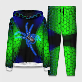 Женский костюм 3D (с толстовкой) с принтом Паук на ночной охоте ,  |  | зеленая броня | зеленый неон | классный дизайн | ночь | паук | паук дизайн | паук на охоте | паук охотник | пчелиные | соты | темная футболка | футболка с пауком | черные соты