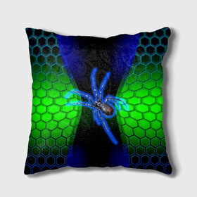 Подушка 3D с принтом Паук на ночной охоте , наволочка – 100% полиэстер, наполнитель – холлофайбер (легкий наполнитель, не вызывает аллергию). | состоит из подушки и наволочки. Наволочка на молнии, легко снимается для стирки | зеленая броня | зеленый неон | классный дизайн | ночь | паук | паук дизайн | паук на охоте | паук охотник | пчелиные | соты | темная футболка | футболка с пауком | черные соты