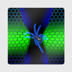 Магнит виниловый Квадрат с принтом Паук на ночной охоте , полимерный материал с магнитным слоем | размер 9*9 см, закругленные углы | Тематика изображения на принте: зеленая броня | зеленый неон | классный дизайн | ночь | паук | паук дизайн | паук на охоте | паук охотник | пчелиные | соты | темная футболка | футболка с пауком | черные соты