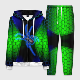 Мужской костюм 3D с принтом Паук на ночной охоте , 100% полиэстер | Манжеты и пояс оформлены тканевой резинкой, двухслойный капюшон со шнурком для регулировки, карманы спереди | зеленая броня | зеленый неон | классный дизайн | ночь | паук | паук дизайн | паук на охоте | паук охотник | пчелиные | соты | темная футболка | футболка с пауком | черные соты