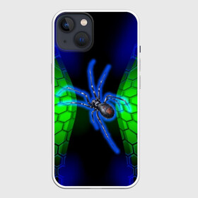 Чехол для iPhone 13 с принтом Паук на ночной охоте ,  |  | Тематика изображения на принте: зеленая броня | зеленый неон | классный дизайн | ночь | паук | паук дизайн | паук на охоте | паук охотник | пчелиные | соты | темная футболка | футболка с пауком | черные соты