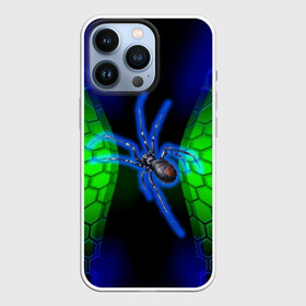 Чехол для iPhone 13 Pro с принтом Паук на ночной охоте ,  |  | Тематика изображения на принте: зеленая броня | зеленый неон | классный дизайн | ночь | паук | паук дизайн | паук на охоте | паук охотник | пчелиные | соты | темная футболка | футболка с пауком | черные соты