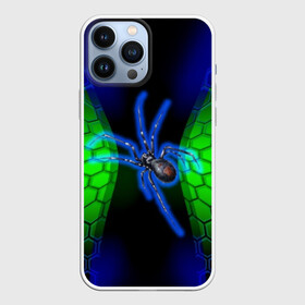 Чехол для iPhone 13 Pro Max с принтом Паук на ночной охоте ,  |  | Тематика изображения на принте: зеленая броня | зеленый неон | классный дизайн | ночь | паук | паук дизайн | паук на охоте | паук охотник | пчелиные | соты | темная футболка | футболка с пауком | черные соты