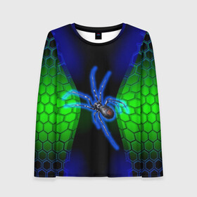 Женский лонгслив 3D с принтом Паук на ночной охоте , 100% полиэстер | длинные рукава, круглый вырез горловины, полуприлегающий силуэт | зеленая броня | зеленый неон | классный дизайн | ночь | паук | паук дизайн | паук на охоте | паук охотник | пчелиные | соты | темная футболка | футболка с пауком | черные соты