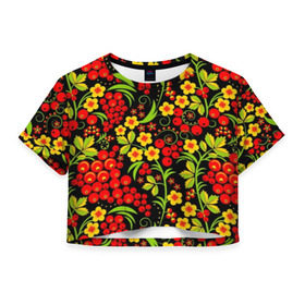 Женская футболка Cropp-top с принтом Хохлома , 100% полиэстер | круглая горловина, длина футболки до линии талии, рукава с отворотами | листья | патриот | патриотичная | россия | русская | славяне | славянская | узор | хохлома | цветочки | цветы | ягоды