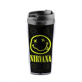 Термокружка-непроливайка с принтом Nirvana 1 , внутренняя часть — пищевой пластик, наружная часть — прозрачный пластик, между ними — полиграфическая вставка с рисунком | объем — 350 мл, герметичная крышка | cobain | kurt | kurt cobain | nirvana | rock | smile | гитара | кобейн | курт | курт кобейн | нирвана | рок