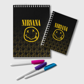 Блокнот с принтом NIRVANA , 100% бумага | 48 листов, плотность листов — 60 г/м2, плотность картонной обложки — 250 г/м2. Листы скреплены удобной пружинной спиралью. Цвет линий — светло-серый
 | Тематика изображения на принте: music | nirvana | rip smile | rock | smile | группа | курт кобейн | музыка | нирвана | рок | смайл