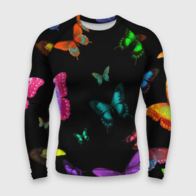Мужской рашгард 3D с принтом Ночные Бабочки ,  |  | butterfly | бабочка | бабочки | биология | животные | краски | крылья | насекомые | ночь | разноцветные | черный | яркие