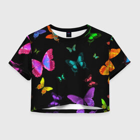 Женская футболка Cropp-top с принтом Ночные Бабочки , 100% полиэстер | круглая горловина, длина футболки до линии талии, рукава с отворотами | Тематика изображения на принте: butterfly | бабочка | бабочки | биология | животные | краски | крылья | насекомые | ночь | разноцветные | черный | яркие