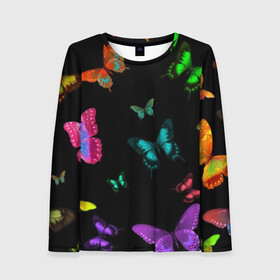 Женский лонгслив 3D с принтом Ночные Бабочки , 100% полиэстер | длинные рукава, круглый вырез горловины, полуприлегающий силуэт | butterfly | бабочка | бабочки | биология | животные | краски | крылья | насекомые | ночь | разноцветные | черный | яркие