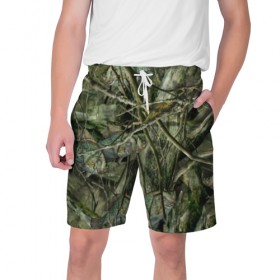 Мужские шорты 3D с принтом Лесной камуфляж ,  полиэстер 100% | прямой крой, два кармана без застежек по бокам. Мягкая трикотажная резинка на поясе, внутри которой широкие завязки. Длина чуть выше колен | камуфляж | лесной камуфляж