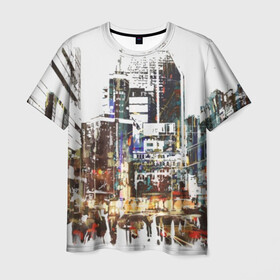 Мужская футболка 3D с принтом Мегаполис , 100% полиэфир | прямой крой, круглый вырез горловины, длина до линии бедер | art | center | city | metropolis | paints | people | skyscraper | skyscrapers | street | style | watercolor | акварель | высотка | город | искусство | краски | люди | мегаполис | стиль | улица | уличный | центр