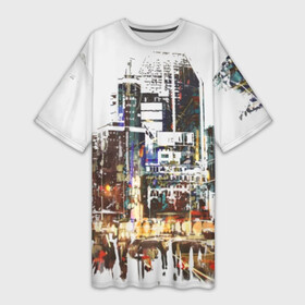 Платье-футболка 3D с принтом Мегаполис ,  |  | art | center | city | metropolis | paints | people | skyscraper | skyscrapers | street | style | watercolor | акварель | высотка | город | искусство | краски | люди | мегаполис | стиль | улица | уличный | центр