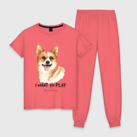Женская пижама хлопок с принтом Корги , 100% хлопок | брюки и футболка прямого кроя, без карманов, на брюках мягкая резинка на поясе и по низу штанин | corgi | корги | собака | собаки