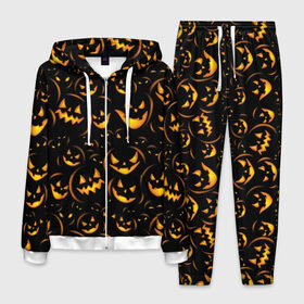 Мужской костюм 3D с принтом Хэллоуин , 100% полиэстер | Манжеты и пояс оформлены тканевой резинкой, двухслойный капюшон со шнурком для регулировки, карманы спереди | Тематика изображения на принте: background | black | color | eyes | fangs | halloween | holiday | horror | orange | pumpkin | sinister | teeth | vegetable | yellow | глаза | желтый | зловещий | зубы | клыки | овощ | оранжевый | праздник | тыквы | ужас | фон | хэллоуин | цвет | черный