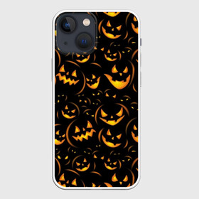 Чехол для iPhone 13 mini с принтом Хэллоуин ,  |  | background | black | color | eyes | fangs | halloween | holiday | horror | orange | pumpkin | sinister | teeth | vegetable | yellow | глаза | желтый | зловещий | зубы | клыки | овощ | оранжевый | праздник | тыквы | ужас | фон | хэллоуин | цвет | черный