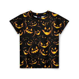 Детская футболка 3D с принтом Хэллоуин , 100% гипоаллергенный полиэфир | прямой крой, круглый вырез горловины, длина до линии бедер, чуть спущенное плечо, ткань немного тянется | Тематика изображения на принте: background | black | color | eyes | fangs | halloween | holiday | horror | orange | pumpkin | sinister | teeth | vegetable | yellow | глаза | желтый | зловещий | зубы | клыки | овощ | оранжевый | праздник | тыквы | ужас | фон | хэллоуин | цвет | черный