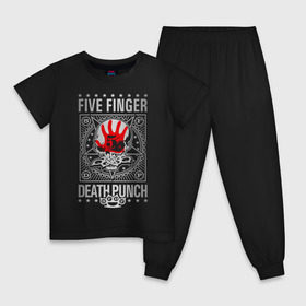Детская пижама хлопок с принтом Five Finger Death Punch , 100% хлопок |  брюки и футболка прямого кроя, без карманов, на брюках мягкая резинка на поясе и по низу штанин
 | Тематика изображения на принте: 5fdp | ffdp | five finger death punch | metal | альтернатива | группы | метал | музыка | хеви метал