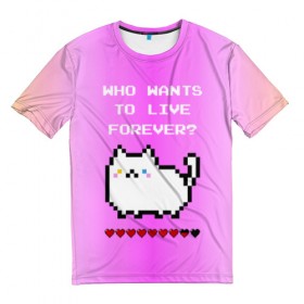 Мужская футболка 3D с принтом Cat forever , 100% полиэфир | прямой крой, круглый вырез горловины, длина до линии бедер | 9 жизней | forever | pixel art | queen | wants to live | квин цитата | котенок | котик | котики | коты | кошка | кошки | пиксели | пиксель арт