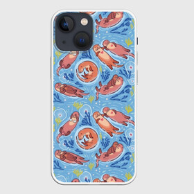 Чехол для iPhone 13 mini с принтом Весёлые выдры ,  |  | Тематика изображения на принте: algae | animal | background | blue | brown | color | cute | fauna | flora | fun | funny | heart | jellyfish | ot | pink | river | water | white | белый | весело | вода | водоросли | выдра | животное | забавно | коричневый | медуза | мило | прико