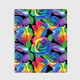 Тетрадь с принтом Разноцветные розы , 100% бумага | 48 листов, плотность листов — 60 г/м2, плотность картонной обложки — 250 г/м2. Листы скреплены сбоку удобной пружинной спиралью. Уголки страниц и обложки скругленные. Цвет линий — светло-серый
 | background | black | blue | bud | color | exotic | flora | flowers | green | leaves | nature | pink | plant | purple | red | rose | yellow | бутон | желтый | зеленый | красный | лепесток | листья | природа | разноцветный | растение | роза | розо