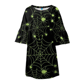Детское платье 3D с принтом Зелёная паутина , 100% полиэстер | прямой силуэт, чуть расширенный к низу. Круглая горловина, на рукавах — воланы | Тематика изображения на принте: background | black | cobweb | color | gothic | green | halloween | holiday | insect | pattern | spider | weave | web | готика | зеленый | насекомое | паук | паутина | плести | праздник | сеть | узор | фон | хэллоуин | цвет | черный