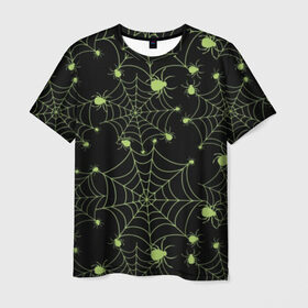 Мужская футболка 3D с принтом Зелёная паутина , 100% полиэфир | прямой крой, круглый вырез горловины, длина до линии бедер | background | black | cobweb | color | gothic | green | halloween | holiday | insect | pattern | spider | weave | web | готика | зеленый | насекомое | паук | паутина | плести | праздник | сеть | узор | фон | хэллоуин | цвет | черный