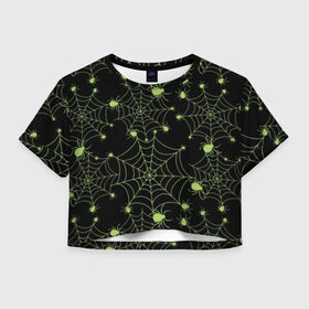 Женская футболка Crop-top 3D с принтом Зелёная паутина , 100% полиэстер | круглая горловина, длина футболки до линии талии, рукава с отворотами | background | black | cobweb | color | gothic | green | halloween | holiday | insect | pattern | spider | weave | web | готика | зеленый | насекомое | паук | паутина | плести | праздник | сеть | узор | фон | хэллоуин | цвет | черный