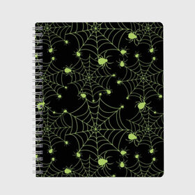 Тетрадь с принтом Зелёная паутина , 100% бумага | 48 листов, плотность листов — 60 г/м2, плотность картонной обложки — 250 г/м2. Листы скреплены сбоку удобной пружинной спиралью. Уголки страниц и обложки скругленные. Цвет линий — светло-серый
 | background | black | cobweb | color | gothic | green | halloween | holiday | insect | pattern | spider | weave | web | готика | зеленый | насекомое | паук | паутина | плести | праздник | сеть | узор | фон | хэллоуин | цвет | черный