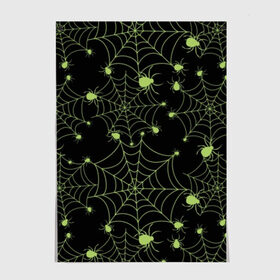 Постер с принтом Зелёная паутина , 100% бумага
 | бумага, плотность 150 мг. Матовая, но за счет высокого коэффициента гладкости имеет небольшой блеск и дает на свету блики, но в отличии от глянцевой бумаги не покрыта лаком | background | black | cobweb | color | gothic | green | halloween | holiday | insect | pattern | spider | weave | web | готика | зеленый | насекомое | паук | паутина | плести | праздник | сеть | узор | фон | хэллоуин | цвет | черный