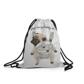 Рюкзак-мешок 3D с принтом Мопс в рюкзаке , 100% полиэстер | плотность ткани — 200 г/м2, размер — 35 х 45 см; лямки — толстые шнурки, застежка на шнуровке, без карманов и подкладки | background | backpack | breed | brown | color | cute | dog | funny | gray | look | muzzle | paws | pug | puppy | slogan | small | trace | white | белый | взгляд | коричневый | лапы | маленький | милый | мопс | пес | порода | прикольный | рюкзак | 