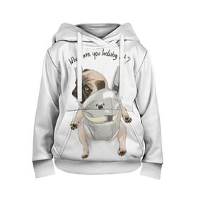 Детская толстовка 3D с принтом Мопс в рюкзаке , 100% полиэстер | двухслойный капюшон со шнурком для регулировки, мягкие манжеты на рукавах и по низу толстовки, спереди карман-кенгуру с мягким внутренним слоем | background | backpack | breed | brown | color | cute | dog | funny | gray | look | muzzle | paws | pug | puppy | slogan | small | trace | white | белый | взгляд | коричневый | лапы | маленький | милый | мопс | пес | порода | прикольный | рюкзак | 