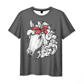 Мужская футболка 3D с принтом Белая лошадь , 100% полиэфир | прямой крой, круглый вырез горловины, длина до линии бедер | animal | background | bandana | black | color | cool | fauna | gray | head | headdre | hipster | horse | image | look | mane | red | white | world | бандана | белый | взгляд | голова | головной | грива | животное | животный | имидж | конь | красный | лоша