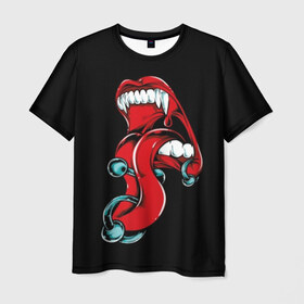 Мужская футболка 3D с принтом Вампир , 100% полиэфир | прямой крой, круглый вырез горловины, длина до линии бедер | fangs | green | lipstick | mouth | piercing | predator | punk | red | ring | teeth | tongue | vampire | вампир | зелёный | зубы | клыки | кольцо | красный | панк | пирсинг | помада | рот | хищник | язык