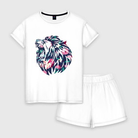 Женская пижама с шортиками хлопок с принтом Цветочный лев , 100% хлопок | футболка прямого кроя, шорты свободные с широкой мягкой резинкой | животные | кошка | лев | растения | цветы
