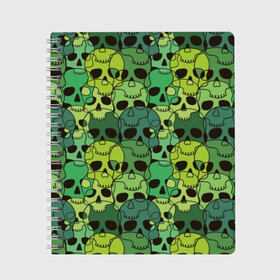 Тетрадь с принтом Зеленые черепа , 100% бумага | 48 листов, плотность листов — 60 г/м2, плотность картонной обложки — 250 г/м2. Листы скреплены сбоку удобной пружинной спиралью. Уголки страниц и обложки скругленные. Цвет линий — светло-серый
 | Тематика изображения на принте: anger | black | death | drawing | green | horror | illustration | lime | look | marsh | scary | skull | terrible | болотный | взгляд | зеленый | злость | иллюстрация | рисунок | салатовый | страшный | ужас | ужасный | черепа | черный