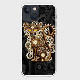 Чехол для iPhone 13 mini с принтом Кошка в стиле стимпанк ,  |  | brow | cat | cats | cool | eyes | gear | iron | kitty | meow | punk | steel | style | tail | vintage | yellow | винт | винтаж | время | гайка | глаза | графика | железо | желтый | когти | колесо | коричневый | котики | котэ | кошка | лапы | механизм | мор