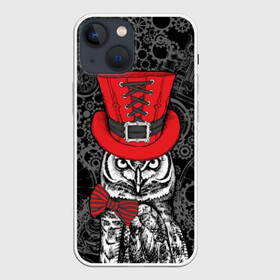 Чехол для iPhone 13 mini с принтом Сова в цилиндре ,  |  | bird | black | bow | fe | gentleman | gray | hat | look | owl | predator | red | retro | steampunk | style | white | wild | бант | белый | взгляд | галстук бабочка | джентльмен | дикий | клюв | красный | мудрость | перья | полосатый | птица | ретро | серы