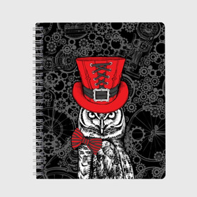 Тетрадь с принтом Сова в цилиндре , 100% бумага | 48 листов, плотность листов — 60 г/м2, плотность картонной обложки — 250 г/м2. Листы скреплены сбоку удобной пружинной спиралью. Уголки страниц и обложки скругленные. Цвет линий — светло-серый
 | bird | black | bow | fe | gentleman | gray | hat | look | owl | predator | red | retro | steampunk | style | white | wild | бант | белый | взгляд | галстук бабочка | джентльмен | дикий | клюв | красный | мудрость | перья | полосатый | птица | ретро | серы