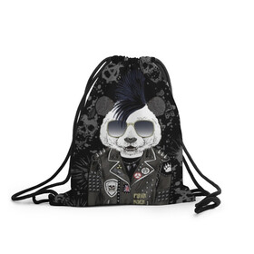 Рюкзак-мешок 3D с принтом Панда в косухе , 100% полиэстер | плотность ткани — 200 г/м2, размер — 35 х 45 см; лямки — толстые шнурки, застежка на шнуровке, без карманов и подкладки | anarchy | bear | color | cool | icon | jacket | mohawk | music | panda | piercing | punk | purple | rock | skull | white | аксессуар | анархия | белый | значок | ирокез | круто | куртка | медведь | музыка | одежда | очки | панда | панк |