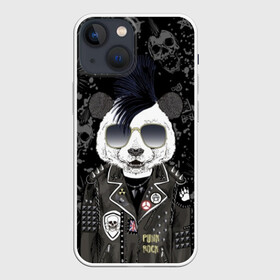 Чехол для iPhone 13 mini с принтом Панда в косухе ,  |  | Тематика изображения на принте: anarchy | bear | color | cool | icon | jacket | mohawk | music | panda | piercing | punk | purple | rock | skull | white | аксессуар | анархия | белый | значок | ирокез | круто | куртка | медведь | музыка | одежда | очки | панда | панк |
