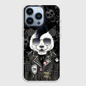 Чехол для iPhone 13 Pro с принтом Панда в косухе ,  |  | Тематика изображения на принте: anarchy | bear | color | cool | icon | jacket | mohawk | music | panda | piercing | punk | purple | rock | skull | white | аксессуар | анархия | белый | значок | ирокез | круто | куртка | медведь | музыка | одежда | очки | панда | панк |