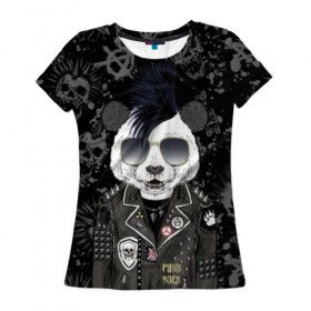 Женская футболка 3D с принтом Панда в косухе , 100% полиэфир ( синтетическое хлопкоподобное полотно) | прямой крой, круглый вырез горловины, длина до линии бедер | anarchy | bear | color | cool | icon | jacket | mohawk | music | panda | piercing | punk | purple | rock | skull | white | аксессуар | анархия | белый | значок | ирокез | круто | куртка | медведь | музыка | одежда | очки | панда | панк |