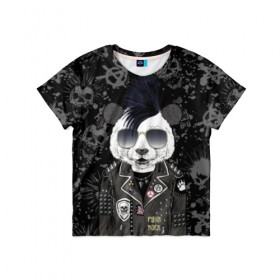 Детская футболка 3D с принтом Панда в косухе , 100% гипоаллергенный полиэфир | прямой крой, круглый вырез горловины, длина до линии бедер, чуть спущенное плечо, ткань немного тянется | anarchy | bear | color | cool | icon | jacket | mohawk | music | panda | piercing | punk | purple | rock | skull | white | аксессуар | анархия | белый | значок | ирокез | круто | куртка | медведь | музыка | одежда | очки | панда | панк |