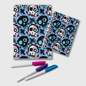 Блокнот с принтом Черепа , 100% бумага | 48 листов, плотность листов — 60 г/м2, плотность картонной обложки — 250 г/м2. Листы скреплены удобной пружинной спиралью. Цвет линий — светло-серый
 | Тематика изображения на принте: black | blue | crosses | graffiti | halloween | ornament | pattern | pink | skull | white | белый | граффити | кресты | орнамент | розовый | синий | узор | хэллоуин | черепа | черный