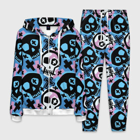 Мужской костюм 3D с принтом Черепа , 100% полиэстер | Манжеты и пояс оформлены тканевой резинкой, двухслойный капюшон со шнурком для регулировки, карманы спереди | Тематика изображения на принте: black | blue | crosses | graffiti | halloween | ornament | pattern | pink | skull | white | белый | граффити | кресты | орнамент | розовый | синий | узор | хэллоуин | черепа | черный
