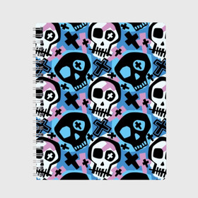 Тетрадь с принтом Черепа , 100% бумага | 48 листов, плотность листов — 60 г/м2, плотность картонной обложки — 250 г/м2. Листы скреплены сбоку удобной пружинной спиралью. Уголки страниц и обложки скругленные. Цвет линий — светло-серый
 | black | blue | crosses | graffiti | halloween | ornament | pattern | pink | skull | white | белый | граффити | кресты | орнамент | розовый | синий | узор | хэллоуин | черепа | черный
