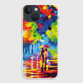 Чехол для iPhone 13 mini с принтом Осенний бульвар ,  |  | art | blue | couple | green | lovers | orange | street | tree | umbrella | yellow | влюбленные | дерево | дождь | желтый | зеленый | зонт | искусство | картина | краски | красный | листья | масло | о | оранжевый | осенний | отражение