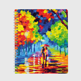 Тетрадь с принтом Осенний бульвар , 100% бумага | 48 листов, плотность листов — 60 г/м2, плотность картонной обложки — 250 г/м2. Листы скреплены сбоку удобной пружинной спиралью. Уголки страниц и обложки скругленные. Цвет линий — светло-серый
 | Тематика изображения на принте: art | blue | couple | green | lovers | orange | street | tree | umbrella | yellow | влюбленные | дерево | дождь | желтый | зеленый | зонт | искусство | картина | краски | красный | листья | масло | о | оранжевый | осенний | отражение