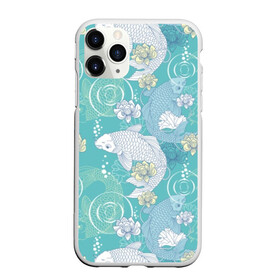 Чехол для iPhone 11 Pro матовый с принтом Карпы Кои , Силикон |  | blue | bubbles | carp koi | fauna | fin | fish | flora | flower | green | japan | japanese | lake | lotus | plant | pond | scales | tail | water | white | белый | вода | зелёный | карп кои | лотос | озеро | плавник | пруд | пузыри | растение | р